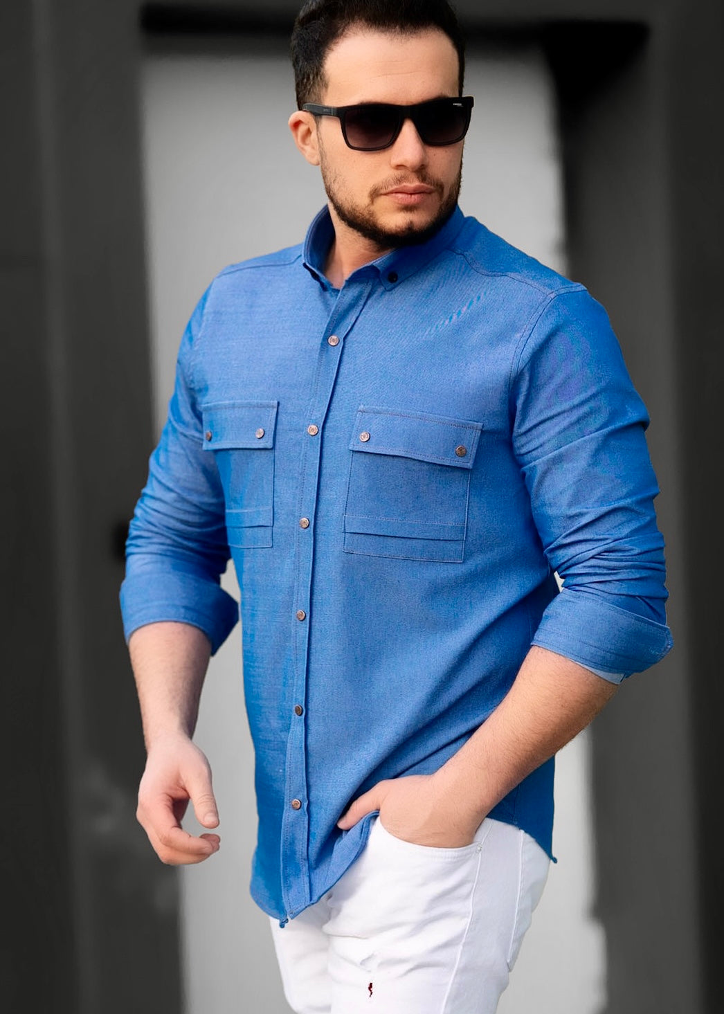 Чоловіча сорочка з тонкого джинсу з кишенею M XXL 28-214-502