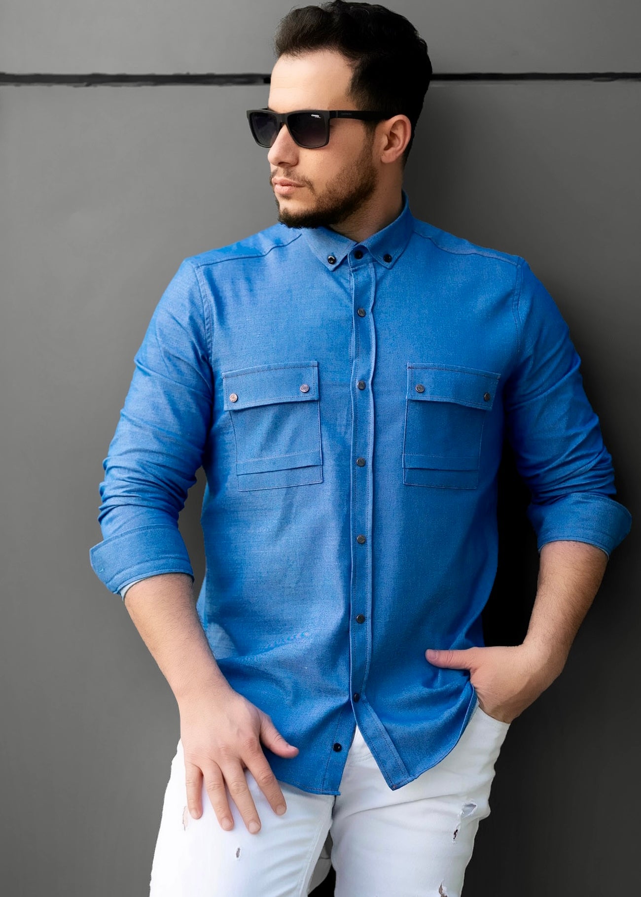 Чоловіча сорочка з тонкого джинсу з кишенею M XXL 28-214-502