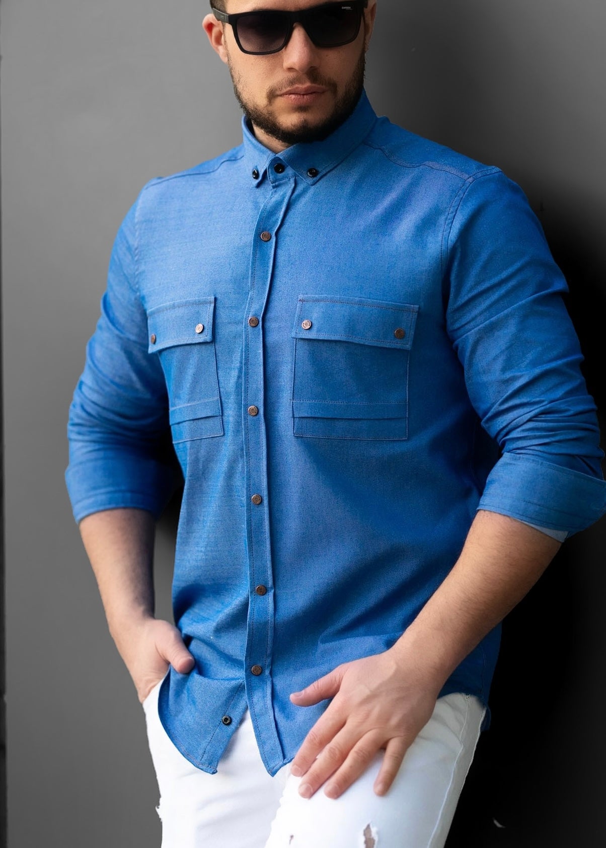 Чоловіча сорочка з тонкого джинсу з кишенею M XXL 28-214-502