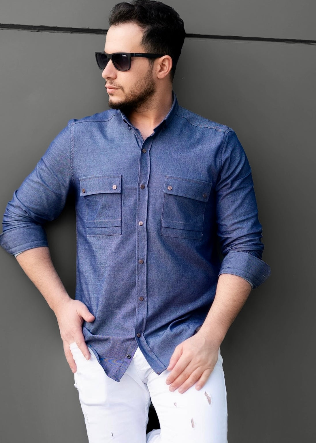 Чоловіча сорочка з тонкого джинсу синя ML XL XXL 53-214-502