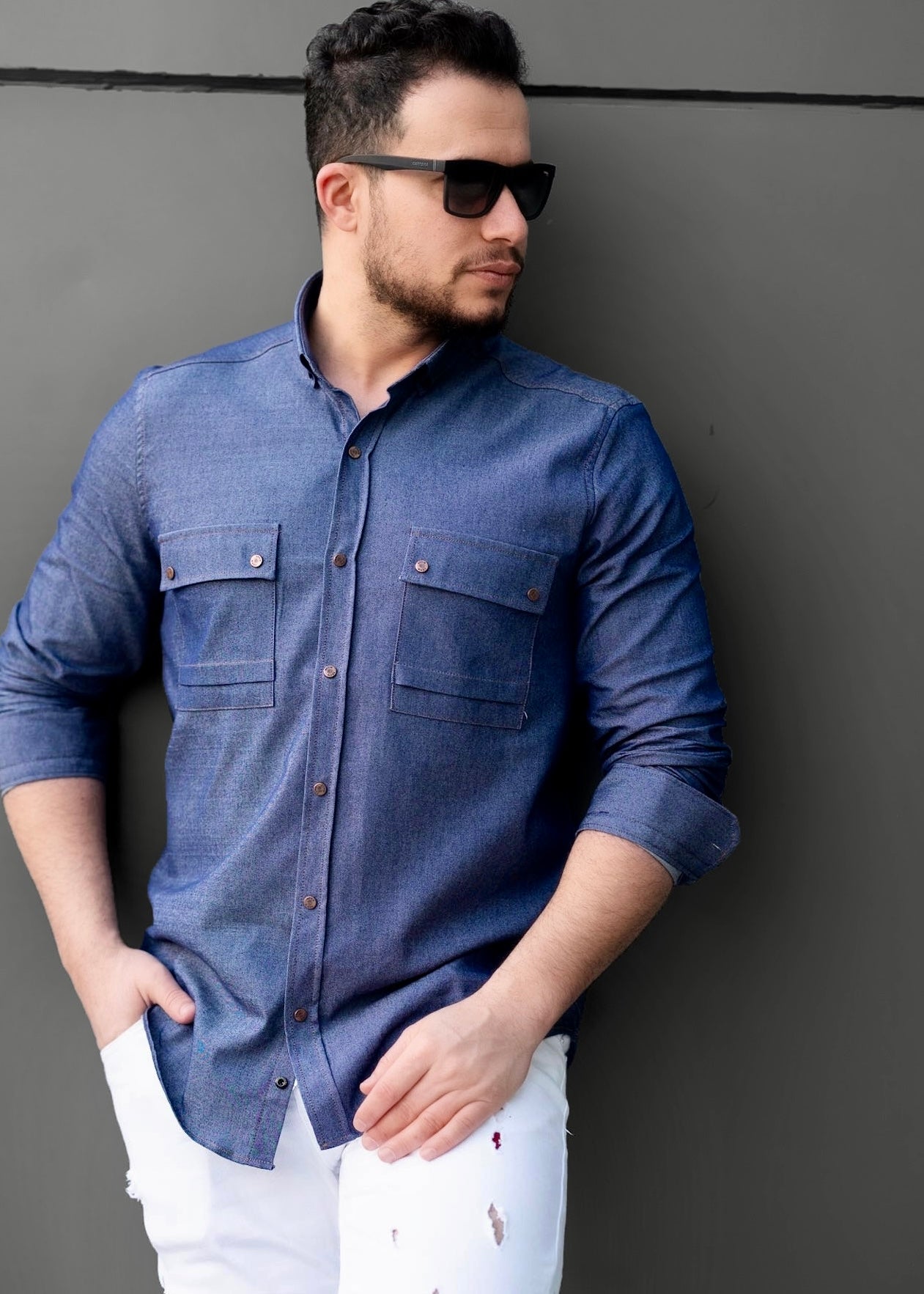 Чоловіча сорочка з тонкого джинсу синя ML XL XXL 53-214-502