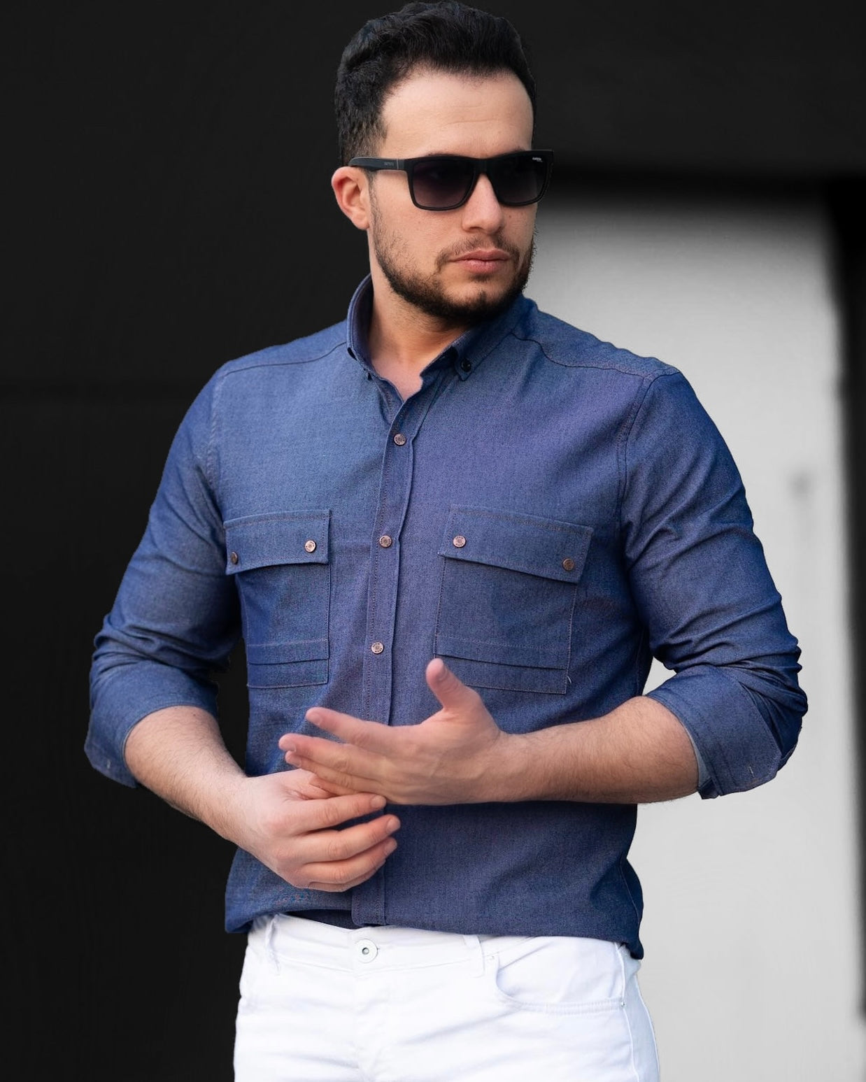 Чоловіча сорочка з тонкого джинсу синя ML XL XXL 53-214-502