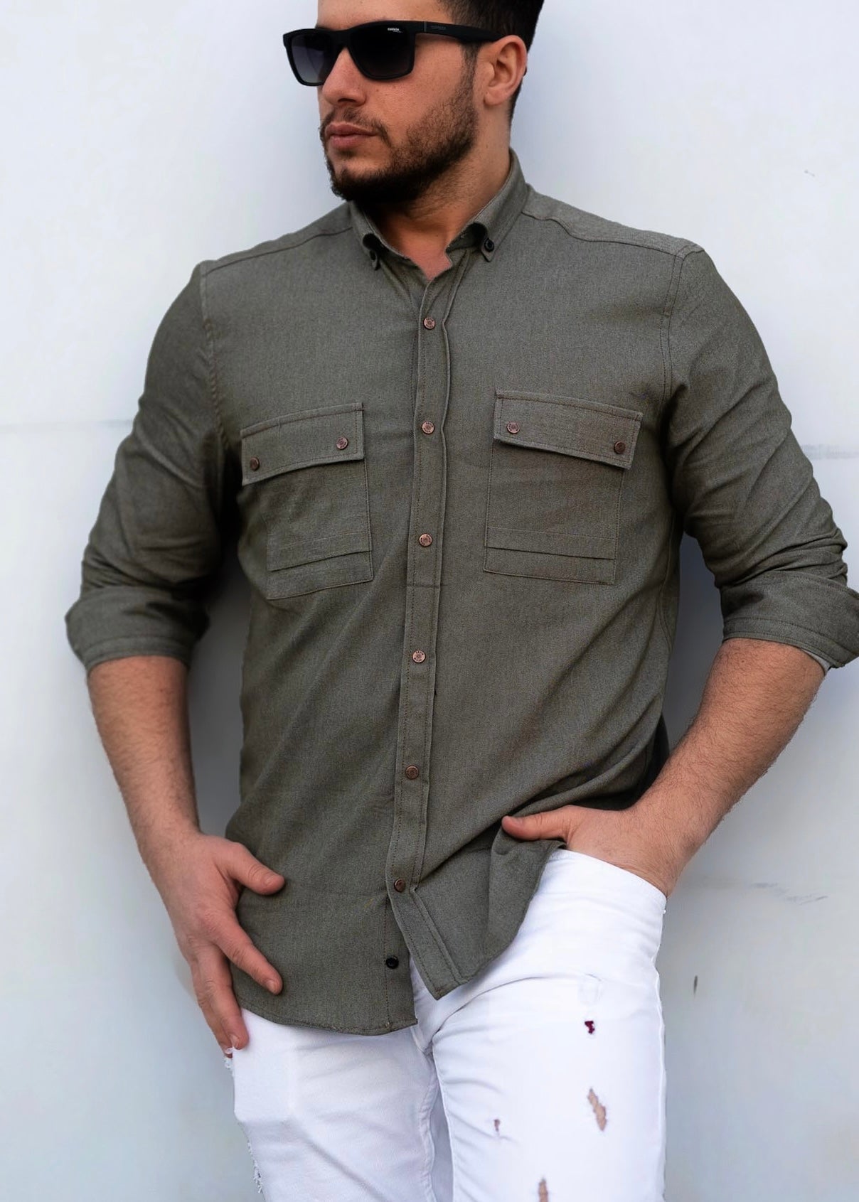 Чоловіча сорочка з тонкого джинсу хакі M XXL 32-214-502