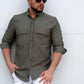 Чоловічі сорочки з тонкого джинсу кольору хакі з кишенею M L  XXL 32-214-502