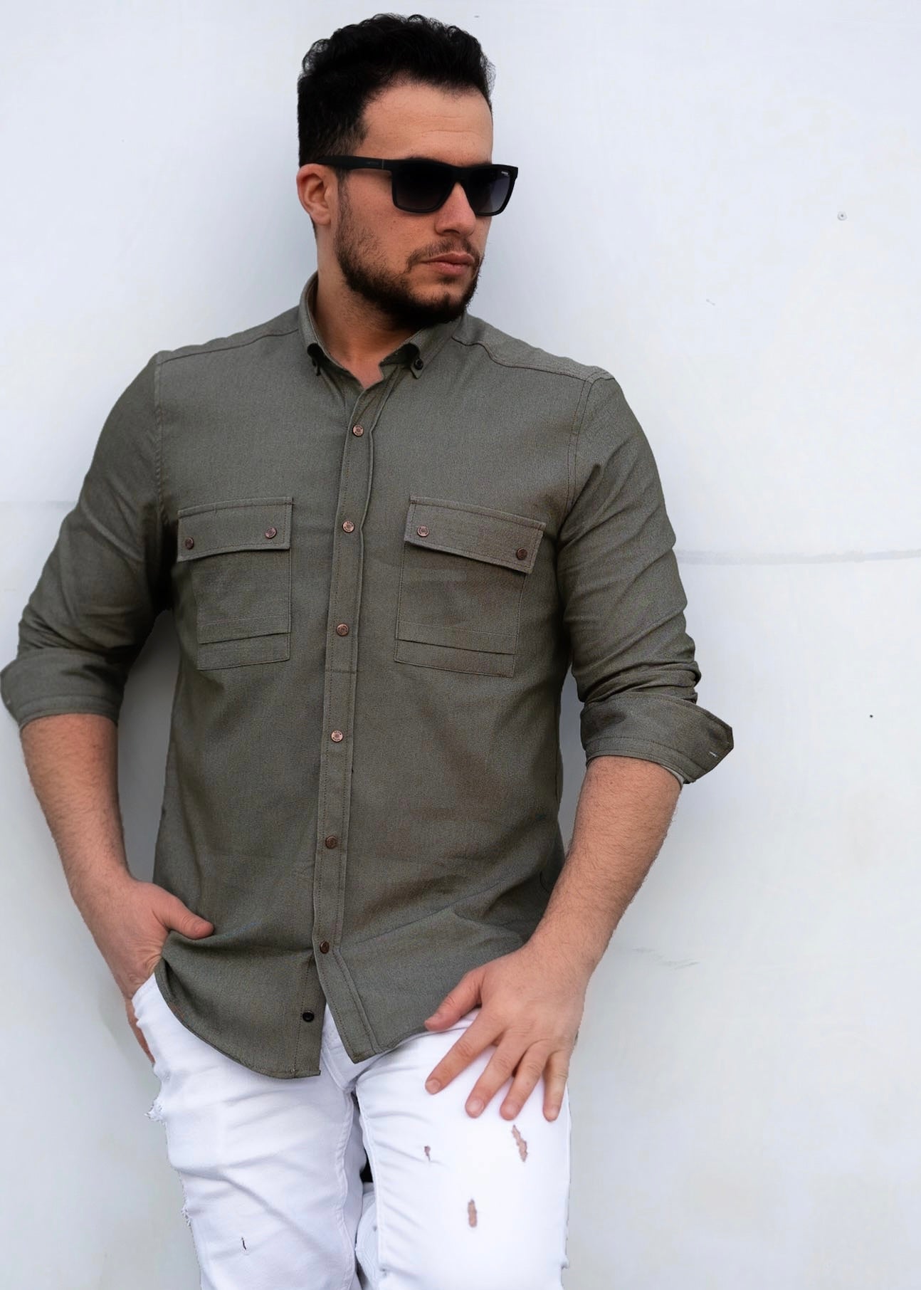 Чоловіча сорочка з тонкого джинсу хакі M XXL 32-214-502