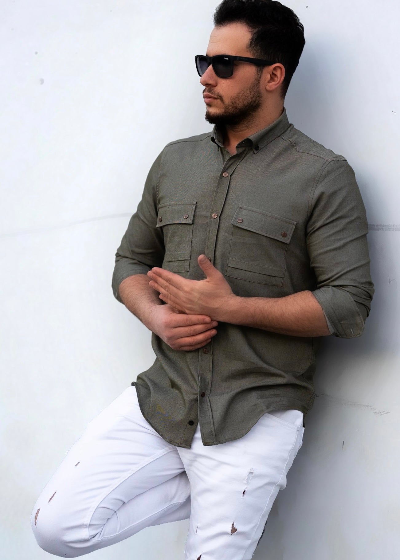 Чоловіча сорочка з тонкого джинсу хакі M XXL 32-214-502