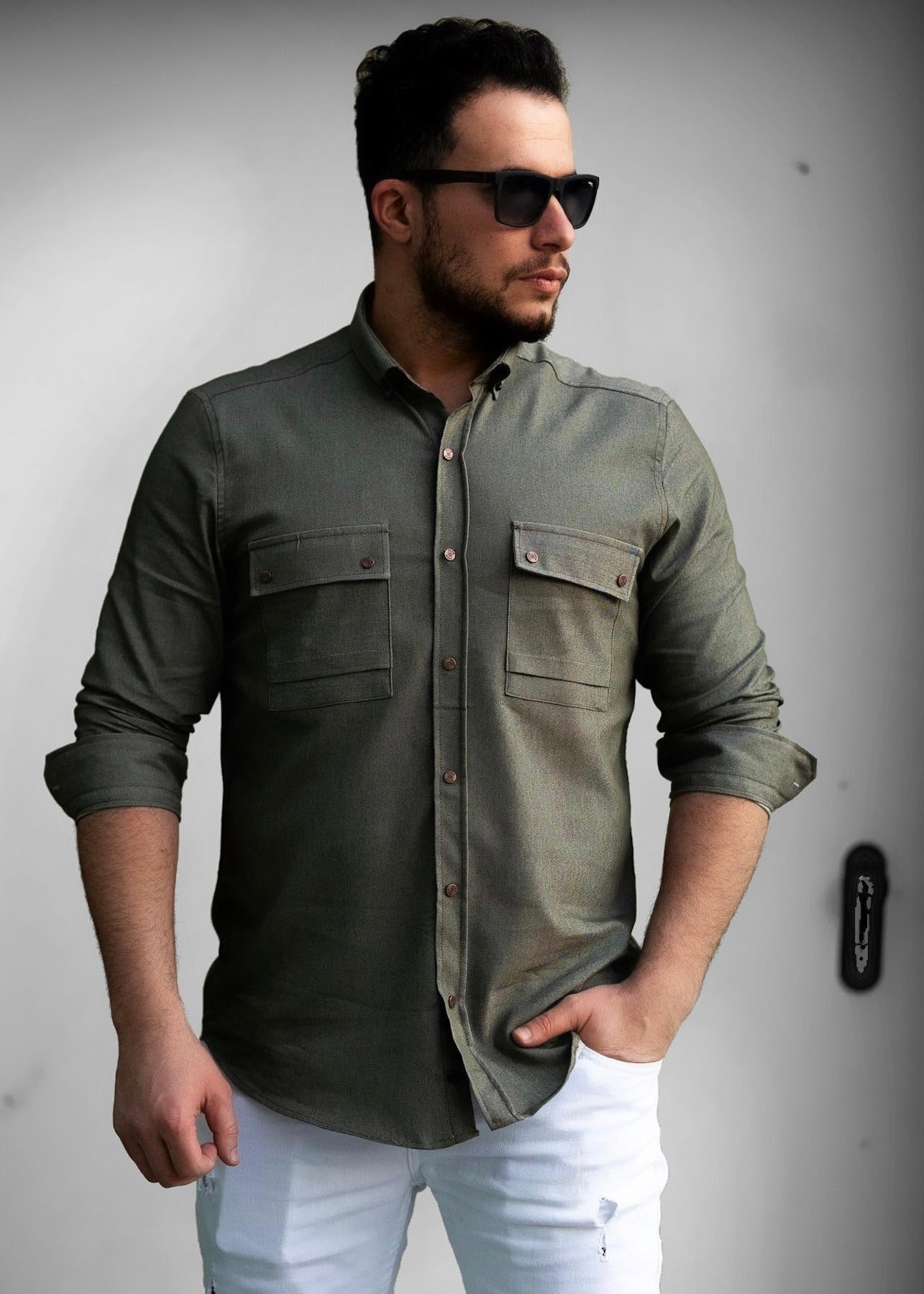 Чоловіча сорочка з тонкого джинсу хакі M XXL 32-214-502