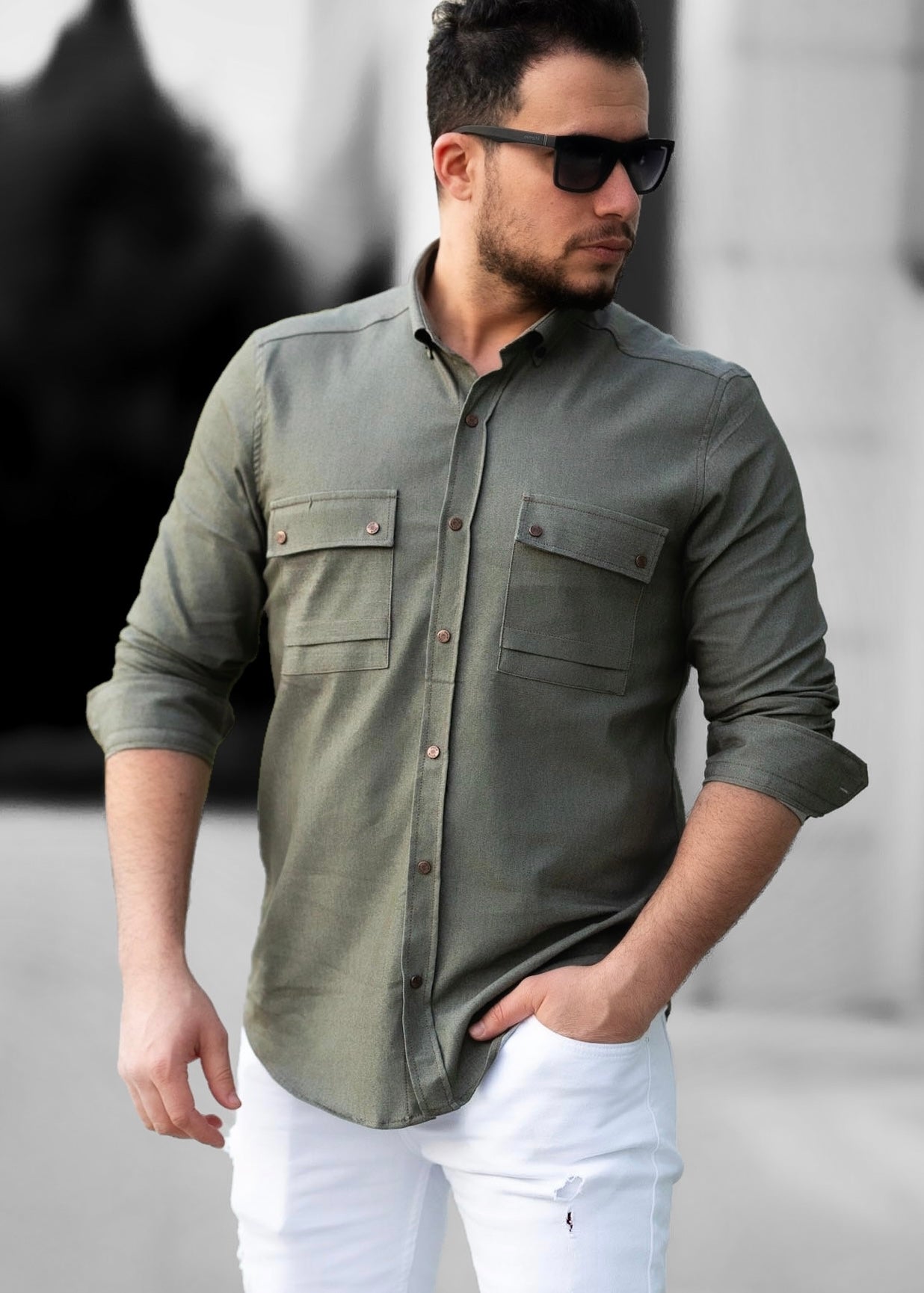 Чоловіча сорочка з тонкого джинсу хакі M XXL 32-214-502