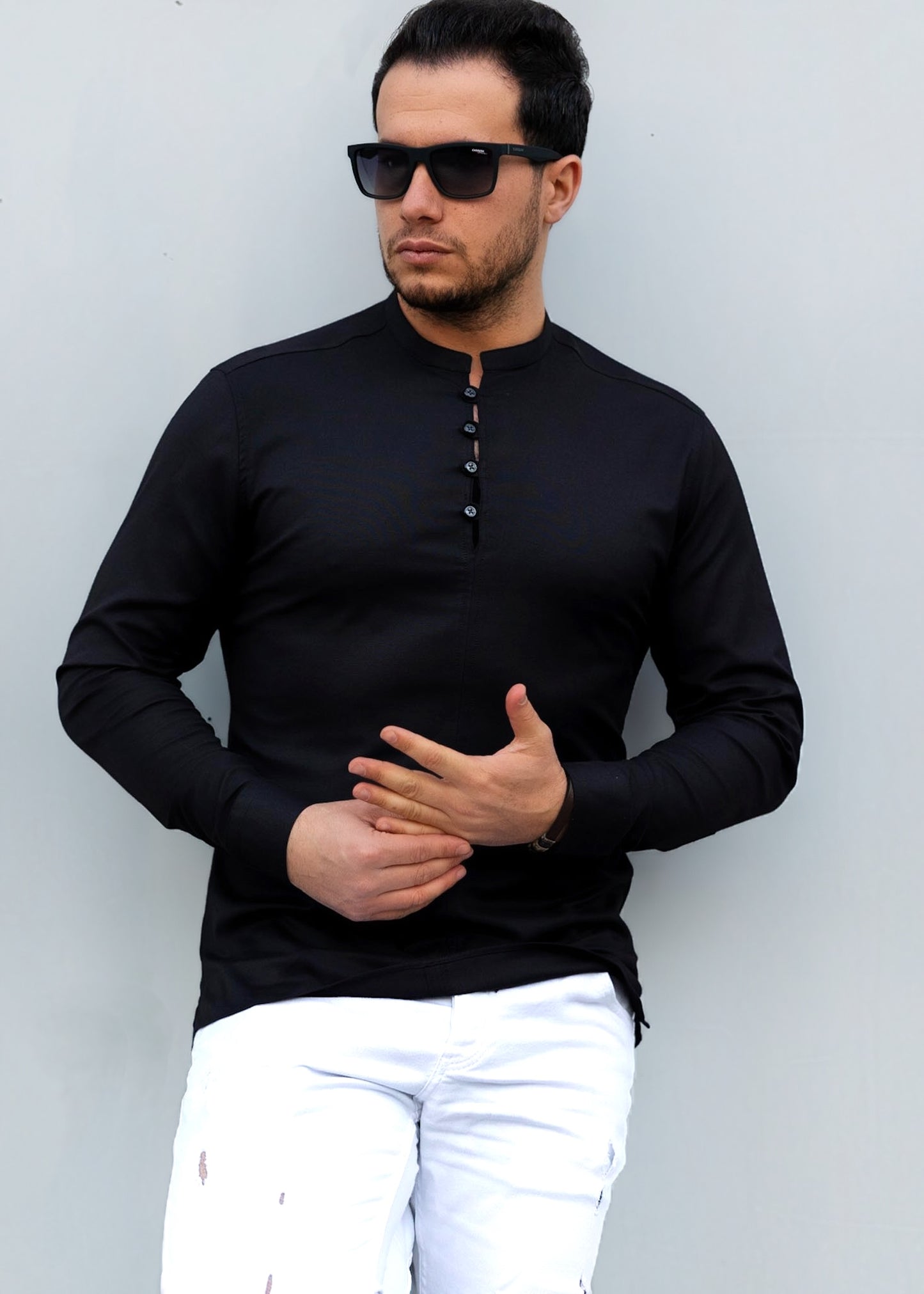 Модна сорочка чорного кольору з дизайнерською застібкою M L XL XXL 3XL 80-109-502