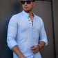 Літня сорочка блакитного кольору з дизайнерським коміром  XL XXL 23-91-750