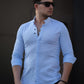 Літня сорочка блакитного кольору з дизайнерським коміром  XL XXL 23-91-750
