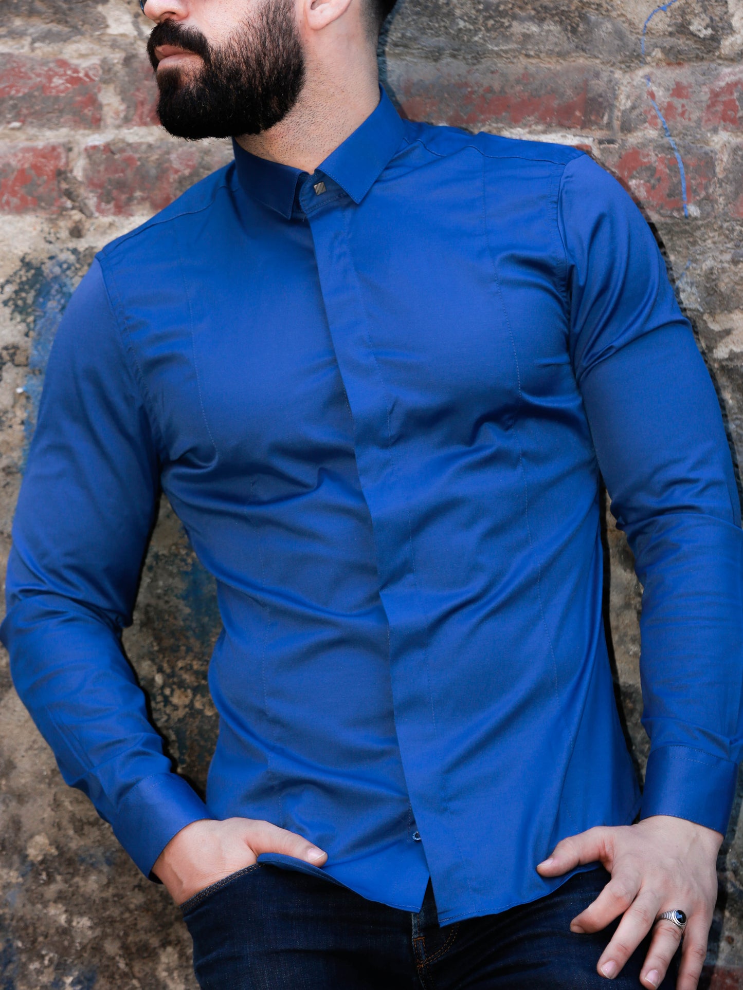 Модна синя сорочка слім фіт з коміром класика S M L XL XXL 26-07-433