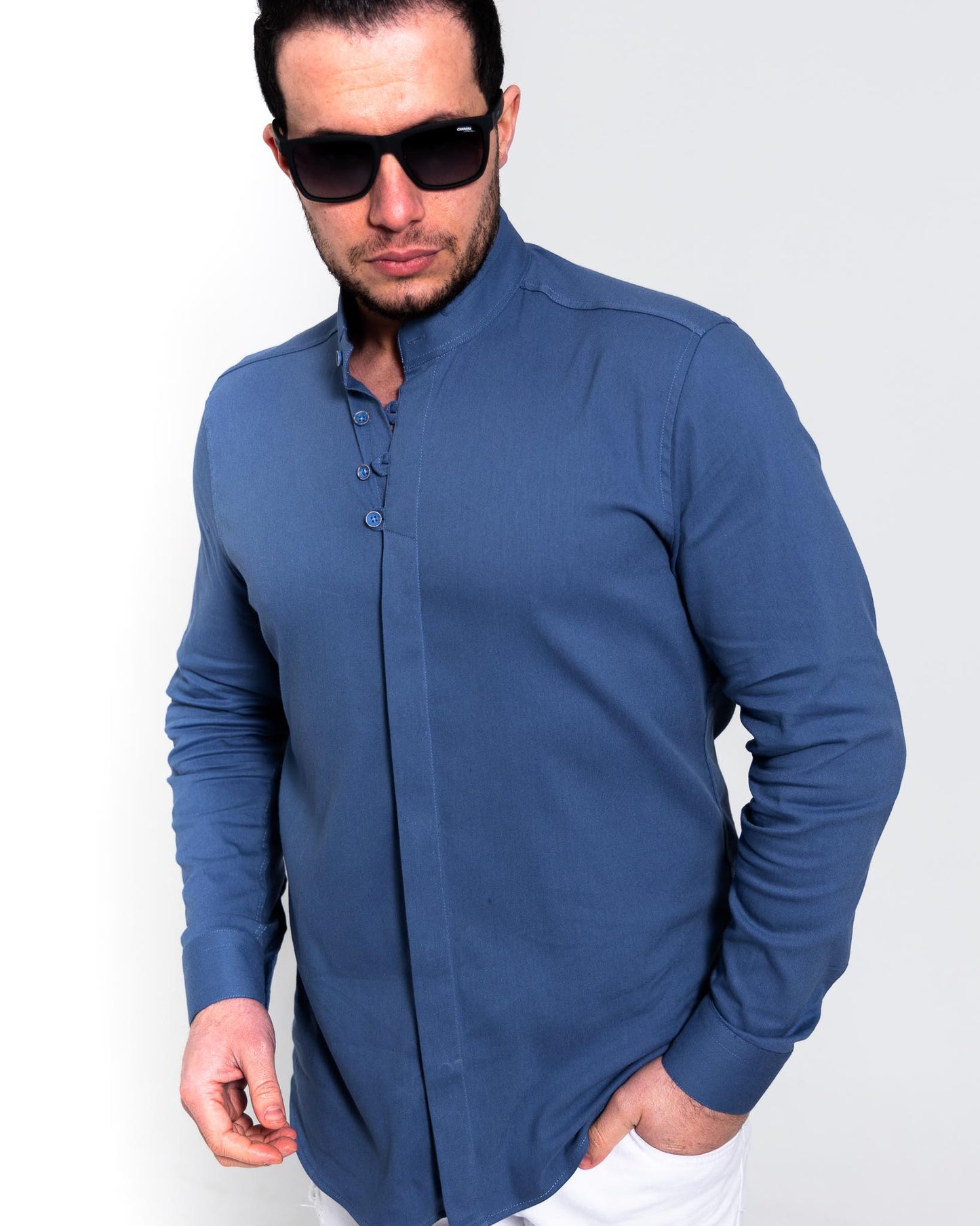 Сорочка під кольоровий джинс кольору індиго з дизайнерським коміром M L XL XXL 26-91-501