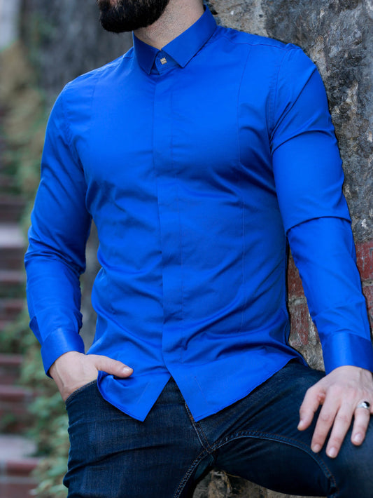 Синя молодіжна сорочка slim fit з планкою на потайних гудзиках S M  XL XXL 27-07-418