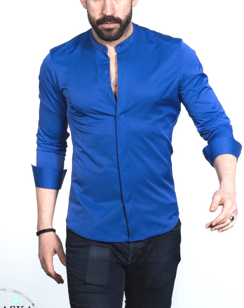 Чоловіча сорочка Синя приталена шкірна стійка S 27-61-418 