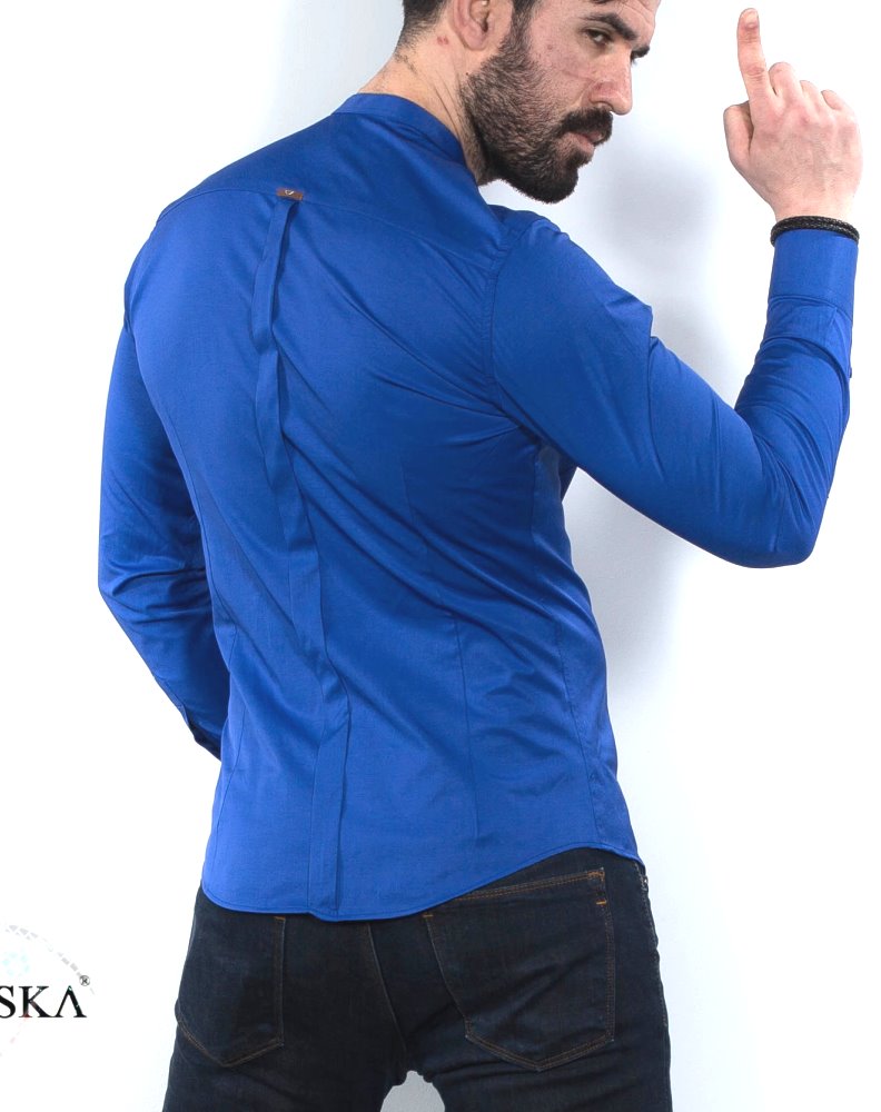 Чоловіча сорочка Синя приталена шкірна стійка S 27-61-418 