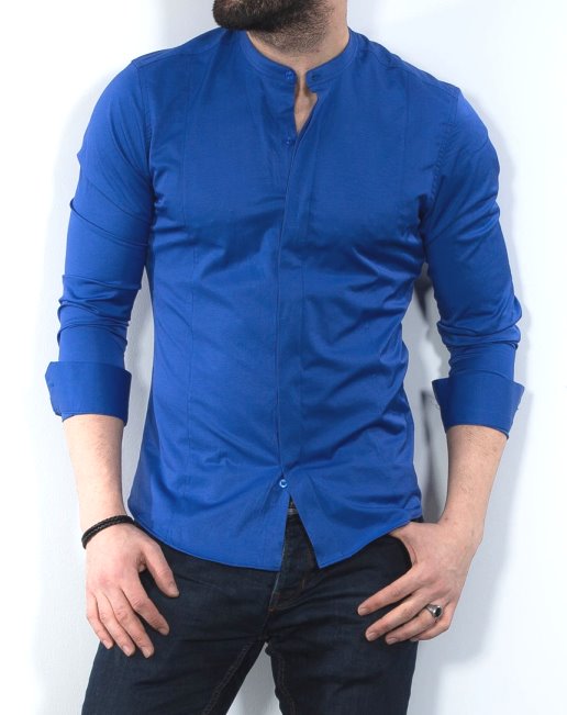 Чоловіча сорочка Синя приталена шкірна стійка S 27-61-418 