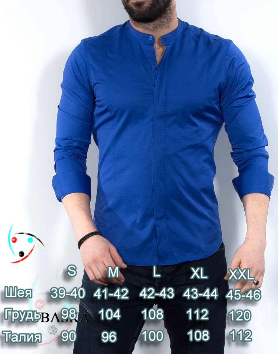 Чоловіча сорочка Синя приталена шкірна стійка S 27-61-418 