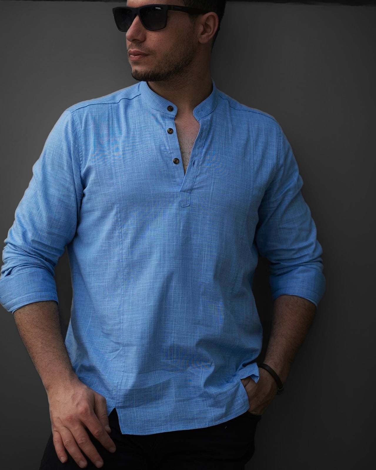 Дизайнерська сорочка з модним коміром кольору індиго M L XL XXL 28-211-701