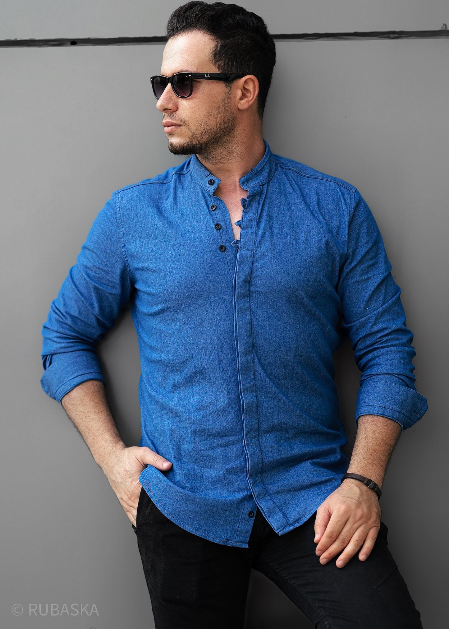Синя сорочка чоловіча слім фіт із кольорового джинсу M L XL XXL 30-91-505