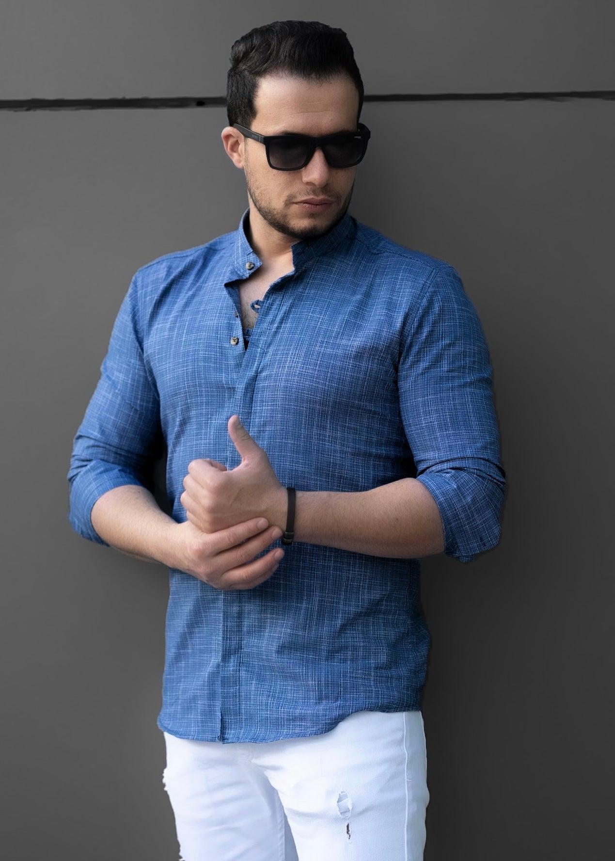 Модна сорочка тканина як льон джинсового кольору M XL 52-91-703