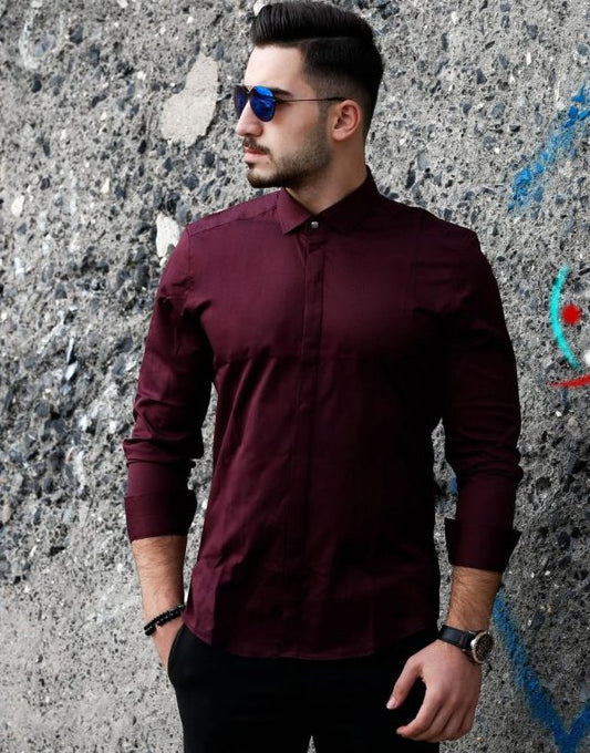 Стильна чоловіча сорочка кольору марсал із планкою S M L XL XXL 61-07-411