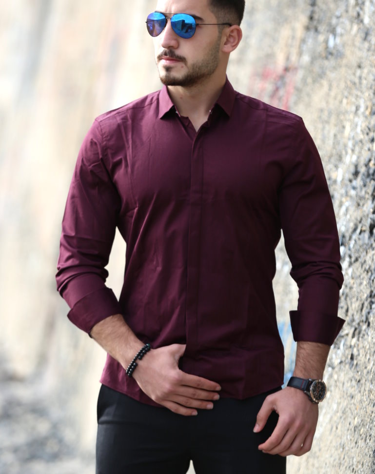 Стильна чоловіча сорочка кольору марсал із планкою S  L XL  61-07-411