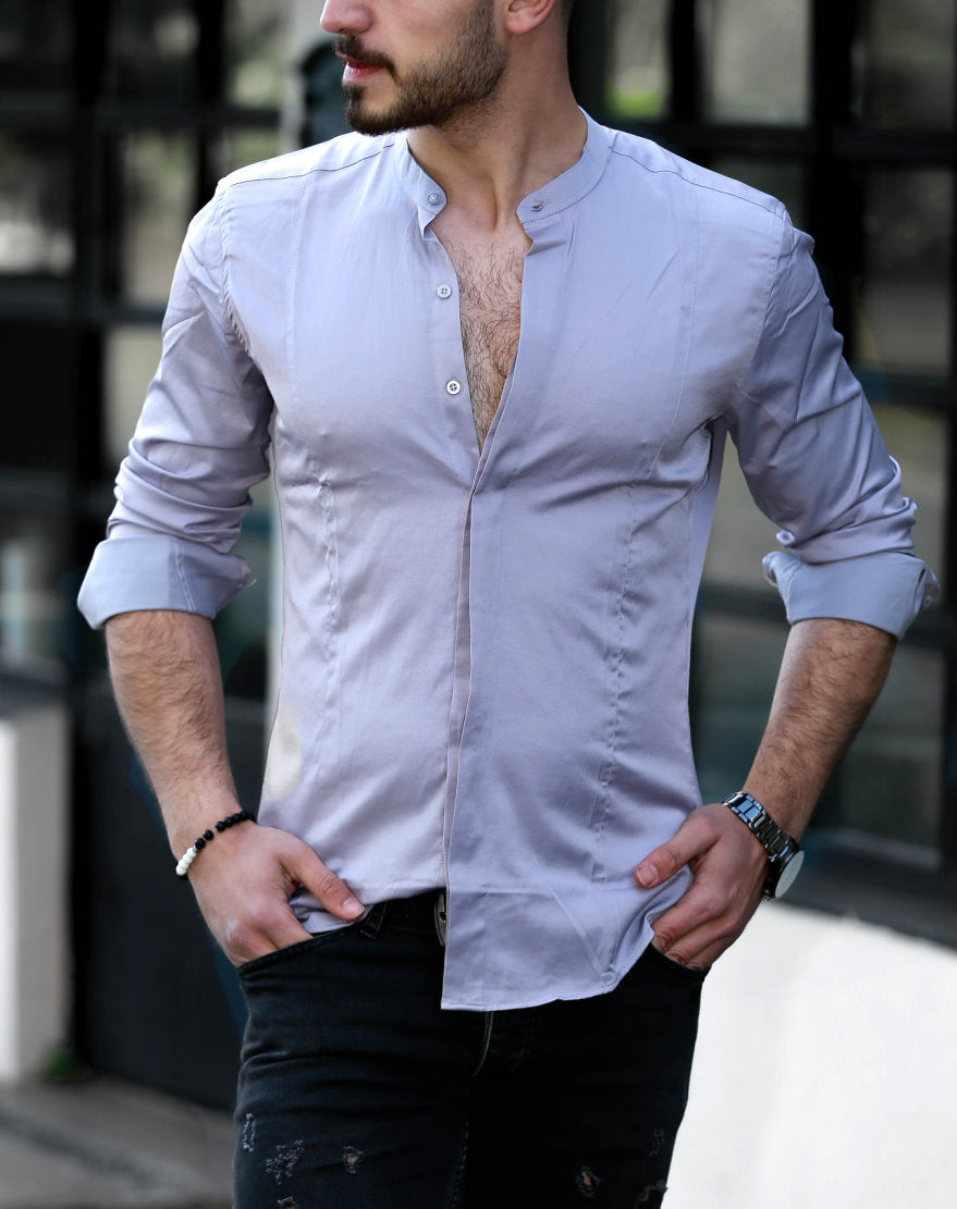 Чоловіча сорочка стійка Сіра приталена S XXL 70-61-406