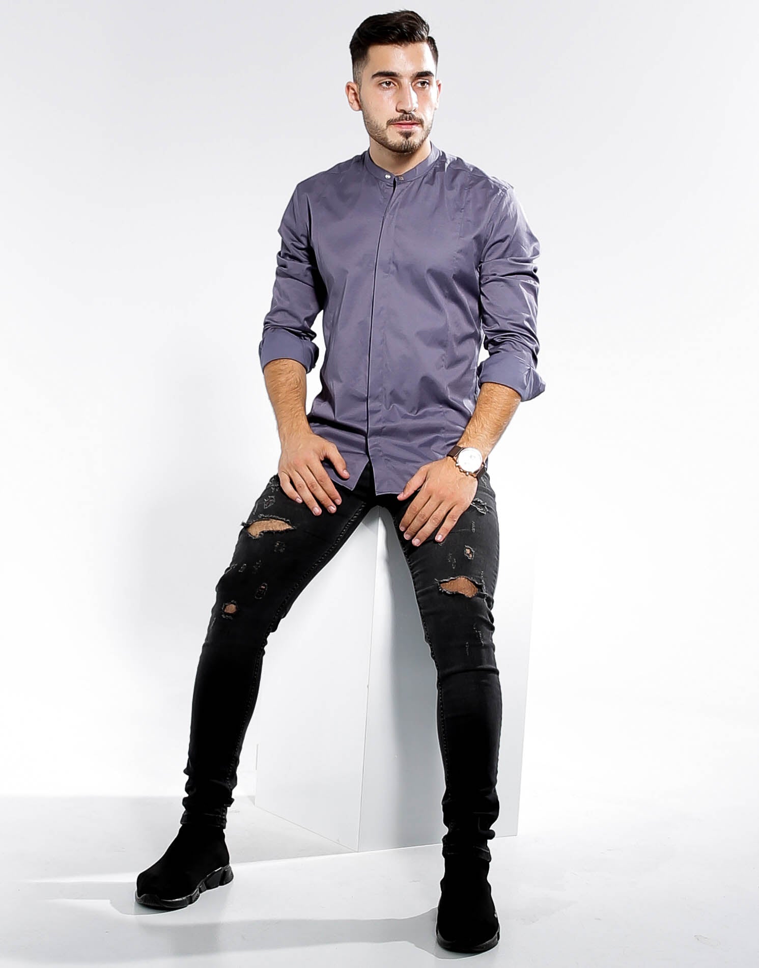 Чоловіча сорочка стрейч приталена Сіра графіт люкс S 72-61-407