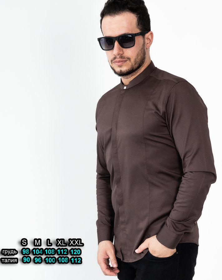 Чоловіча сорочка приталена коричнева бавовна комір-стійка шоколад SL XL XXL 77-61-446