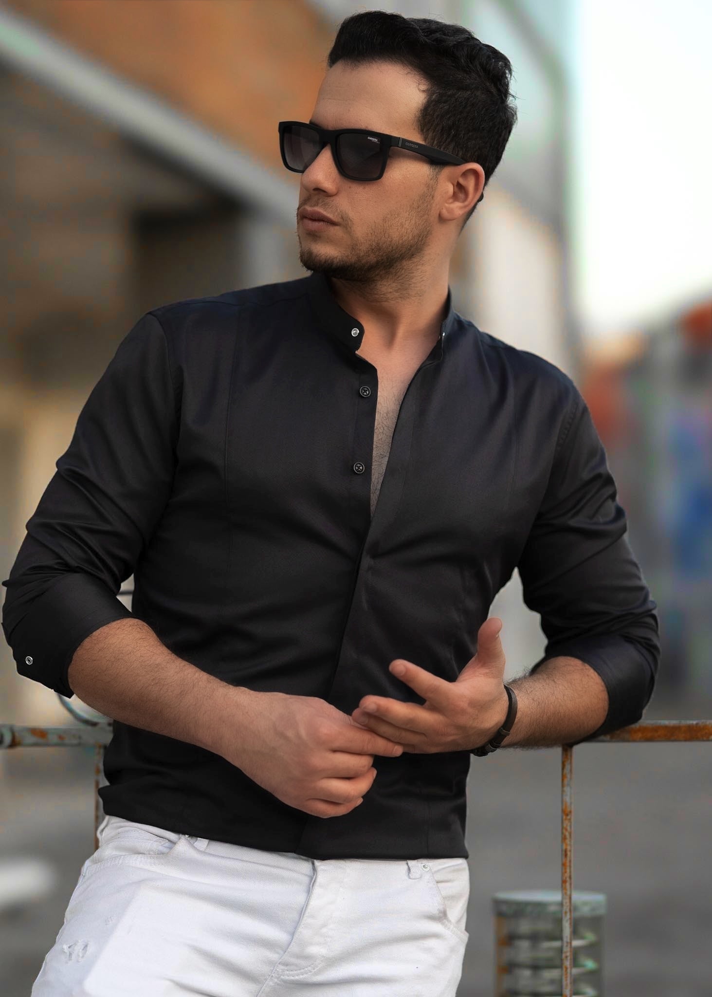 Чорна модна сорочка з коміром стійка  M L XL XXL 3XL 80-61-401