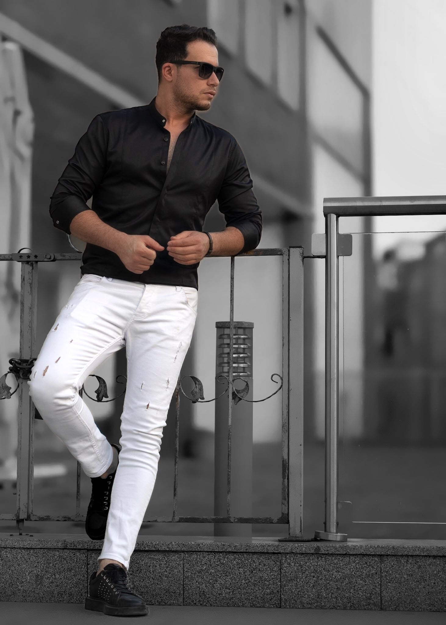 Чорна модна сорочка з коміром стійка  M L XL XXL 3XL 80-61-401