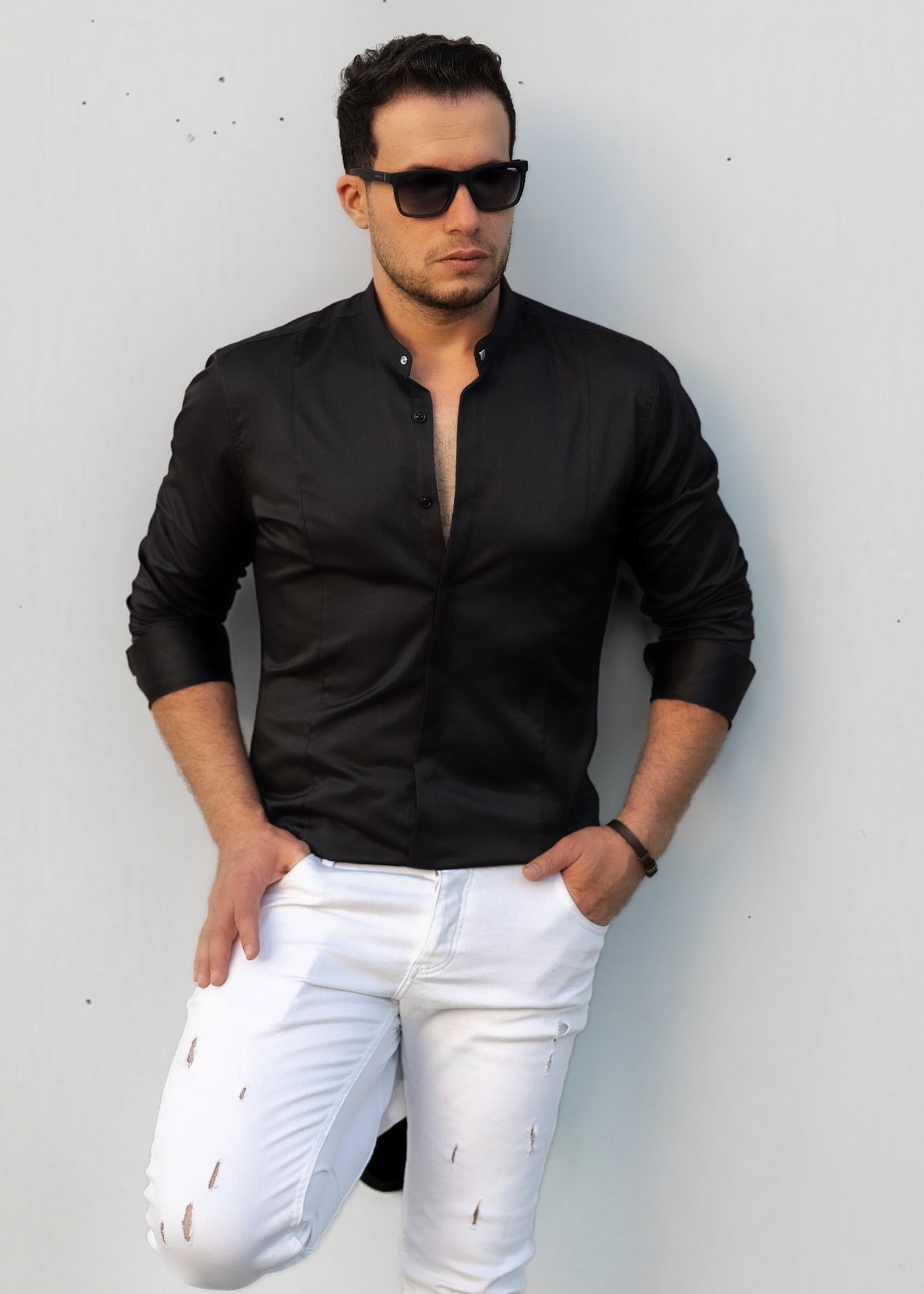 Чорна модна сорочка з коміром стійка  M L XL XXL 3XL 80-61-401