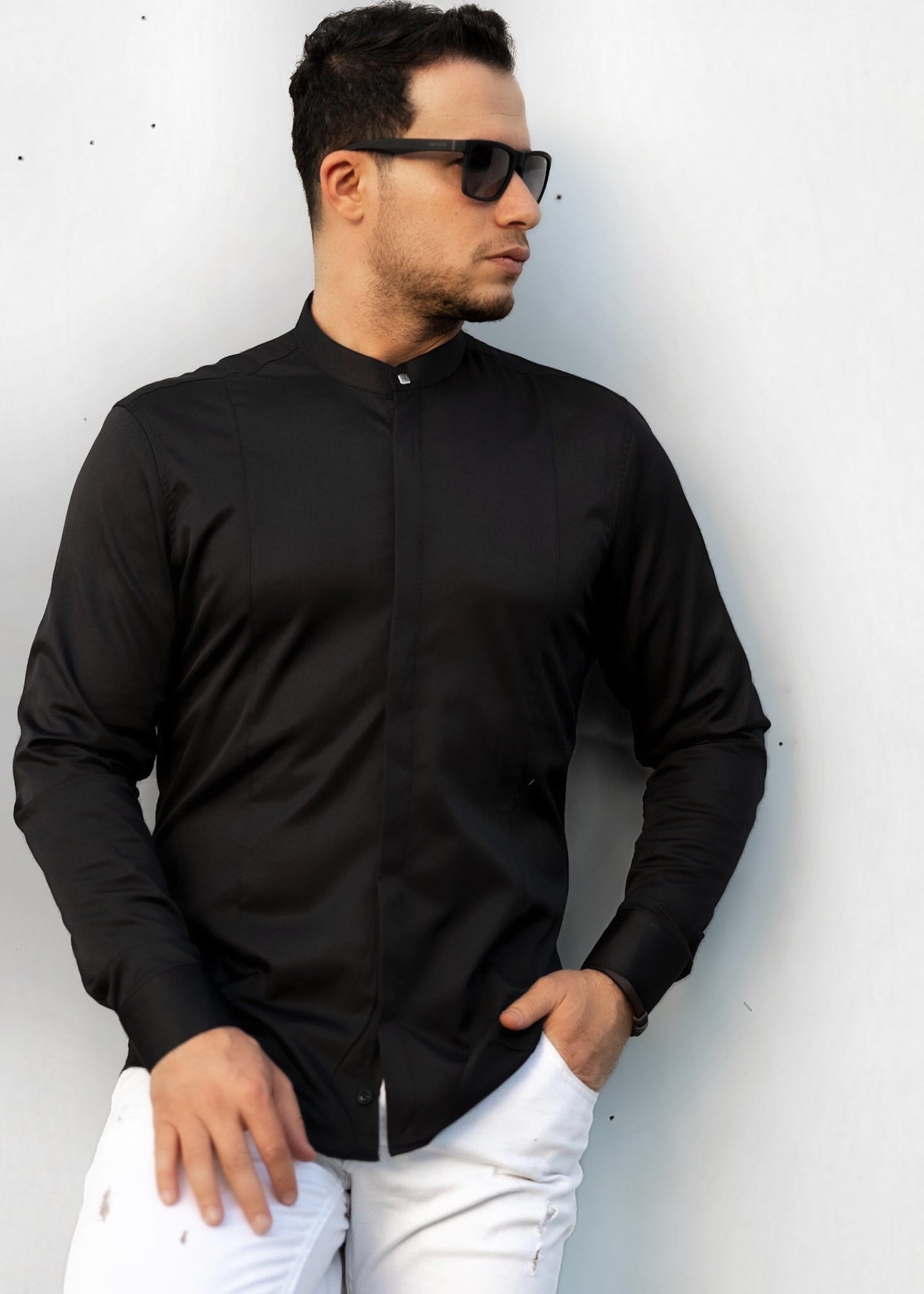 Чорна модна сорочка з коміром стійка S M L XL XXL 80-61-401