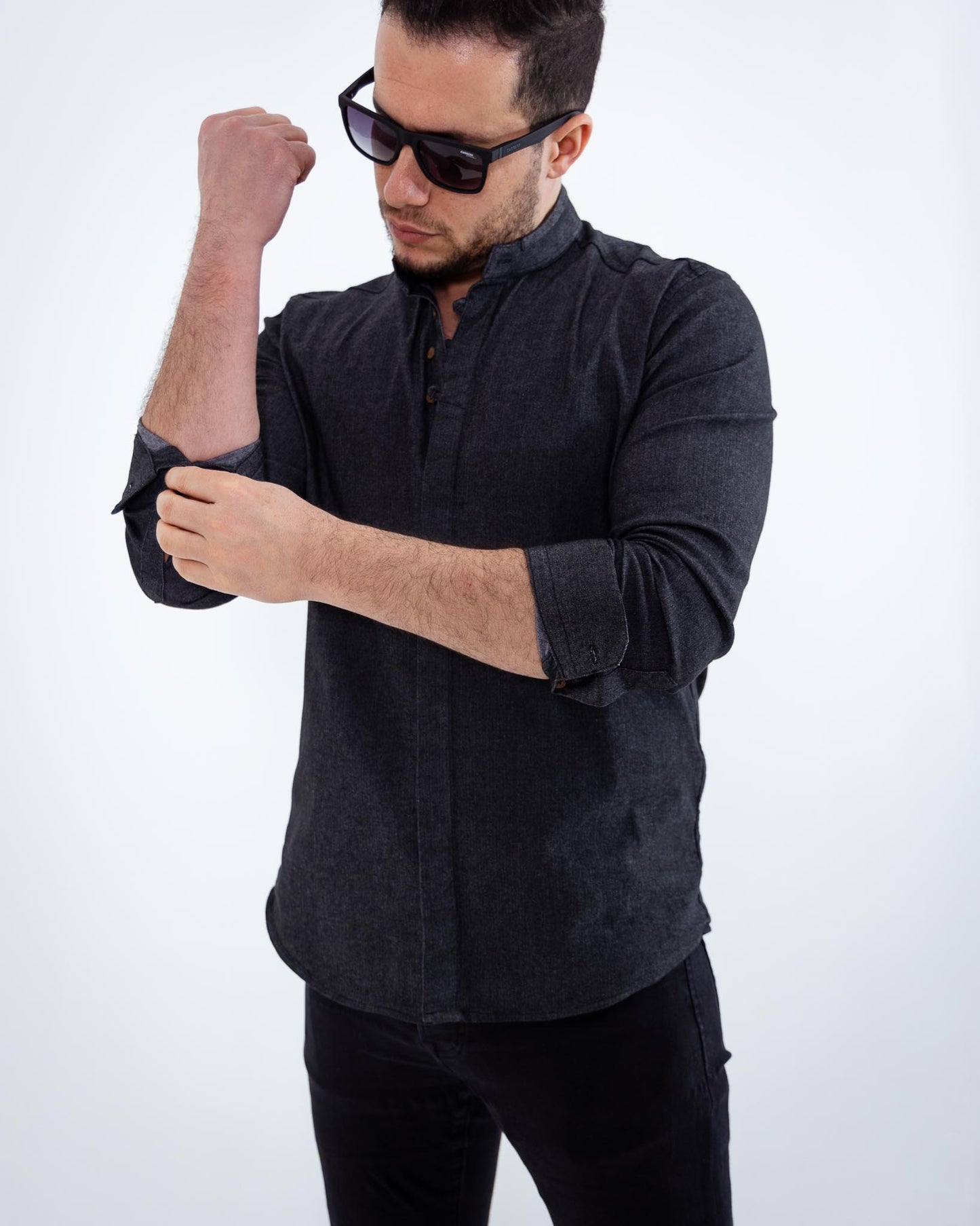 Чорна сорочка чоловіча слім фіт із тонкого кольорового джинсу M L XL XXL 80-91-505