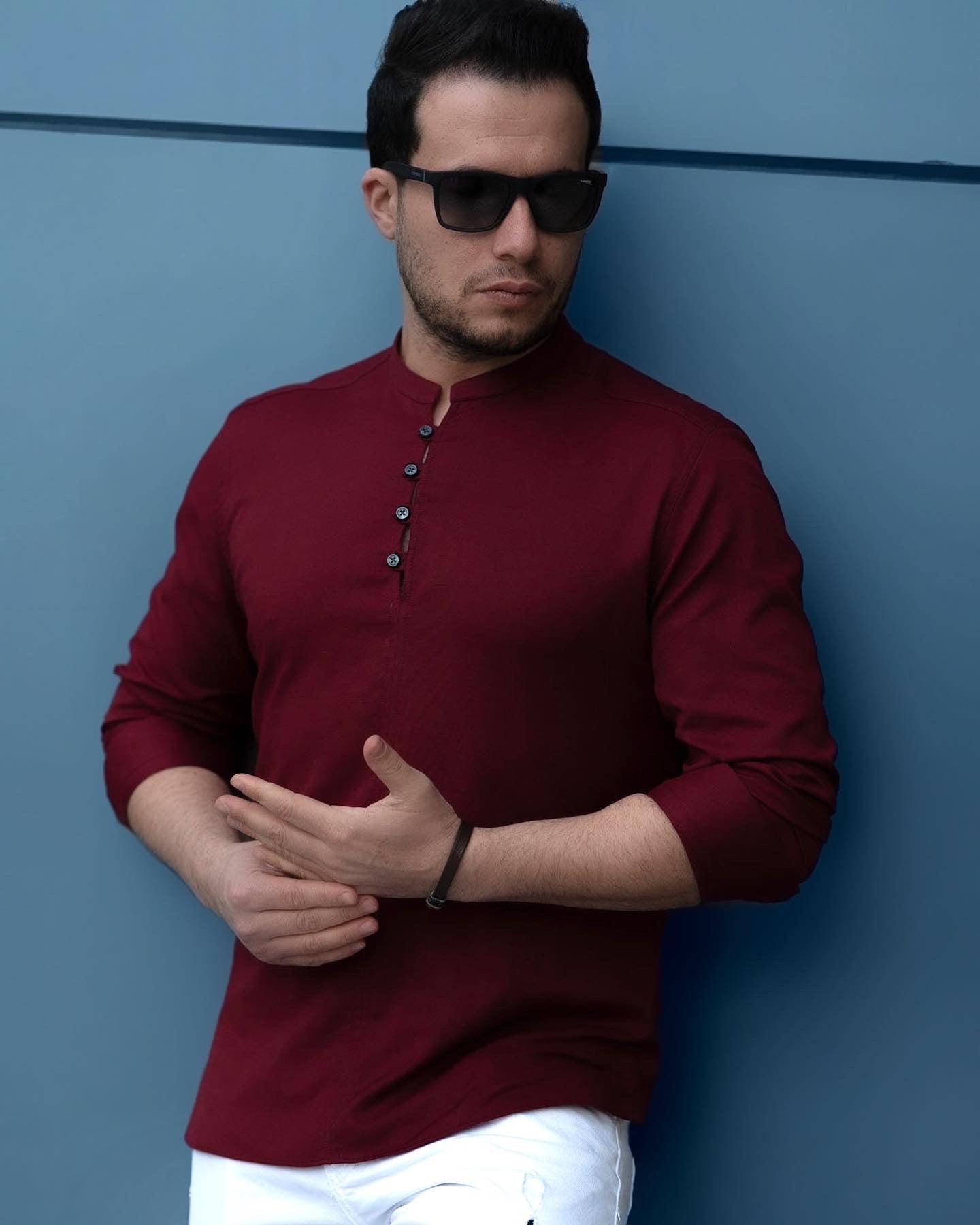 Модна сорочка бордового кольору з дизайнерською застібкою XL  44-109-704