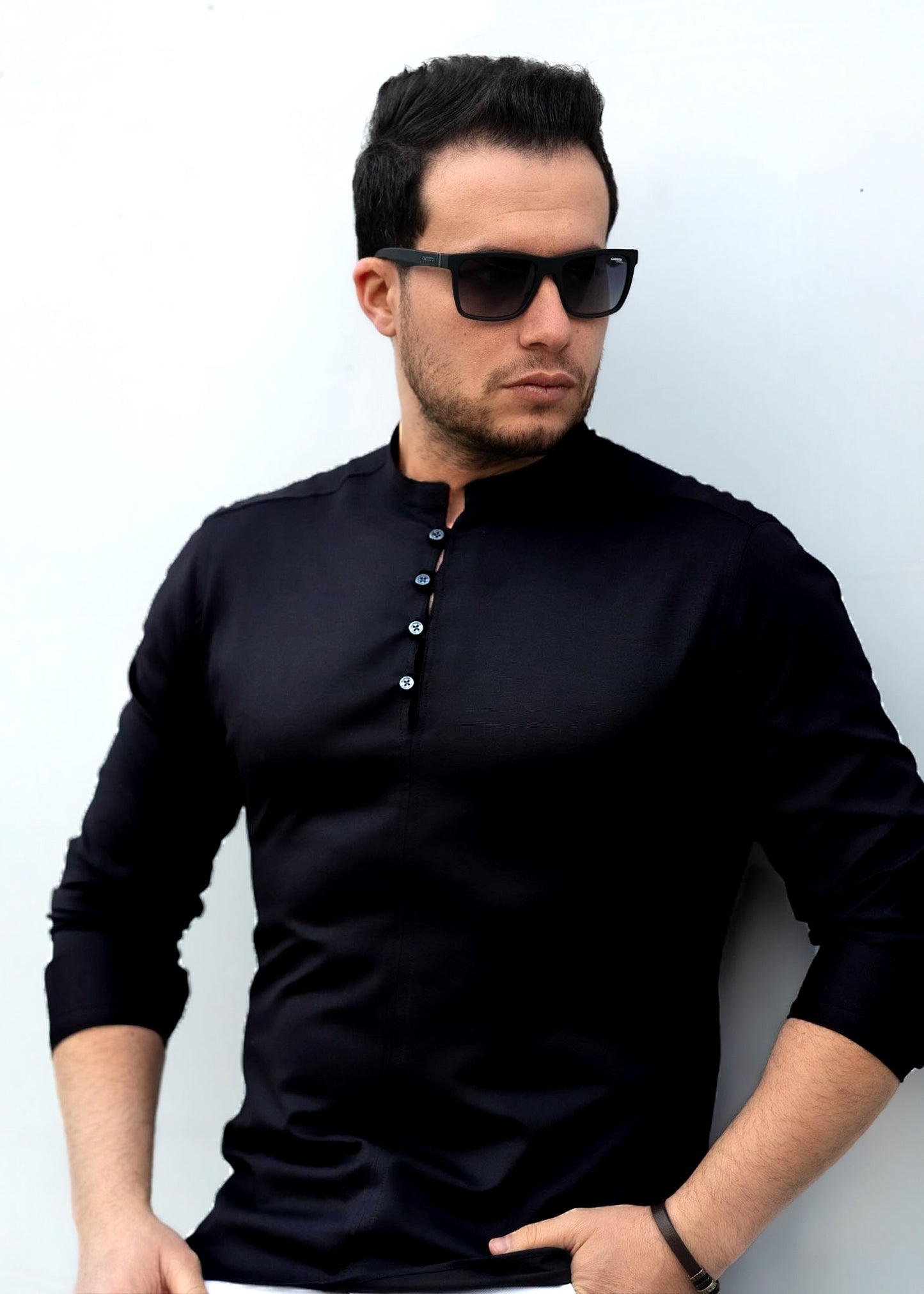 Модна сорочка чорного кольору з дизайнерською застібкою M L XL XXL 3XL 80-109-502